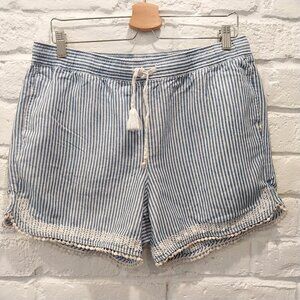 Talbots Linen Blend Shorts Womens Large Blue Stripe Embroidered Drawstring Beach